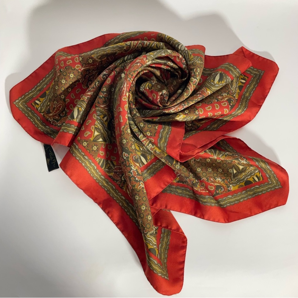 Art of the Scarf Made in Italy 80”x80” Orange Brown Pattern Design Scarf; Pretty - Picture 8 of 11